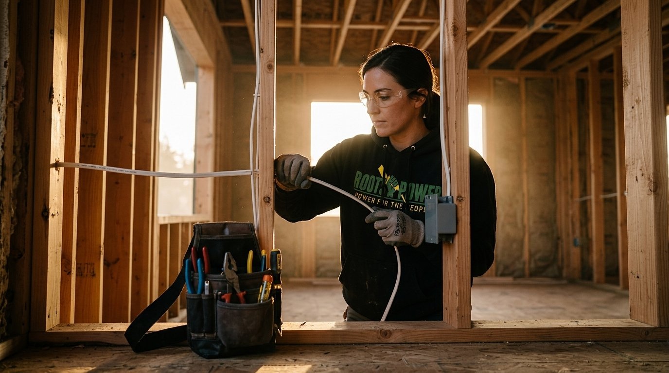 Electrician installing non-metallic cable during a residential rough-in, wearing a Roots Power hoodie with a tool bag leaning against the framing