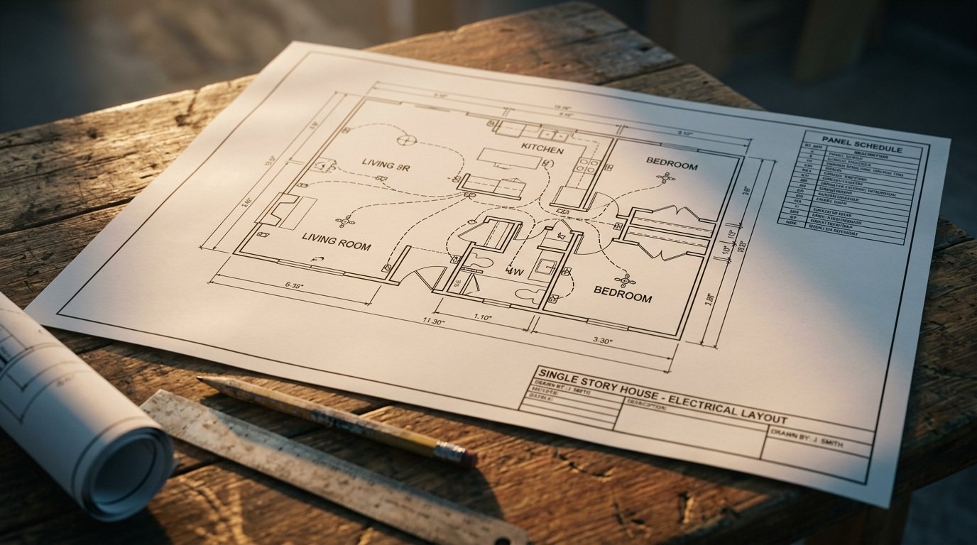 Electrical floor plan blueprint for a single-story house, showing room layout, wiring runs, and a panel schedule
